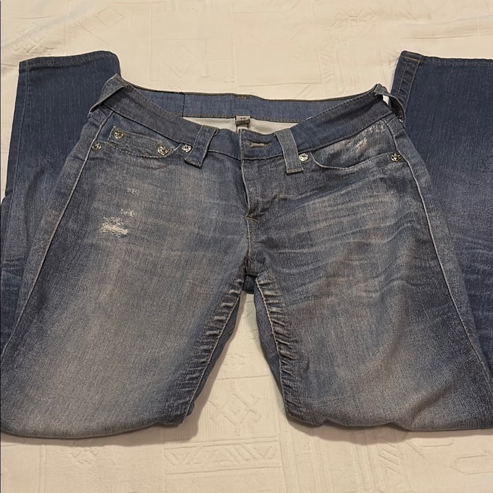 True Religion Blue Straight Leg Jeans with Vintage Distressing